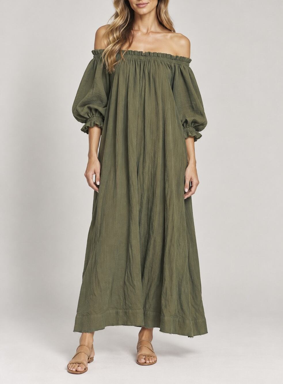 MIKOH Olive Green Off Shoulder Kaftan Maxi Dress Womens Size 1 Boho Resort